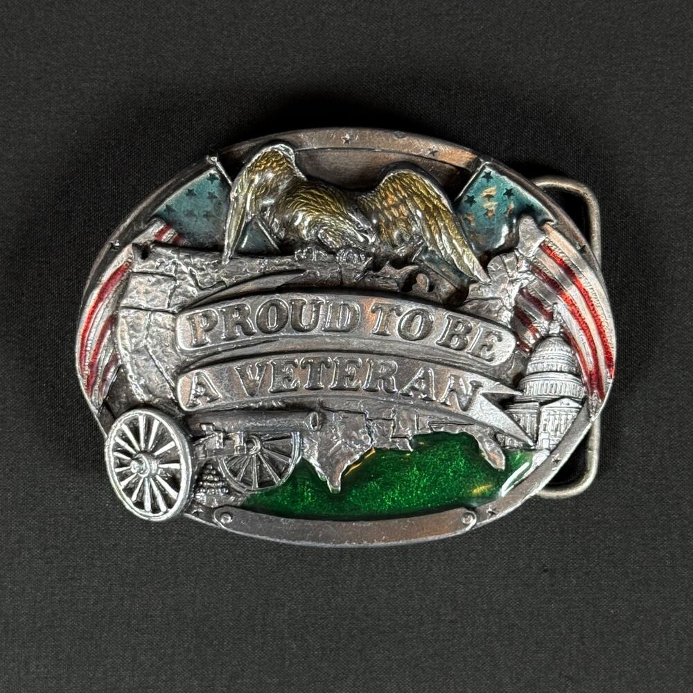 1983 Bergamot Brass Works PROUD TO BE A VETERAN Enameled Belt Buckle vintage